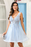 V-neck Applique A-line Glitter Tulle Short Homecoming Prom Dress Party Cocktail Gowns