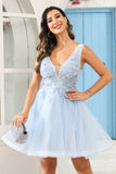 Deep V-neck Beaded Floral Applique Tulle Mini Homecoming Prom Dress Party Cocktail Gowns