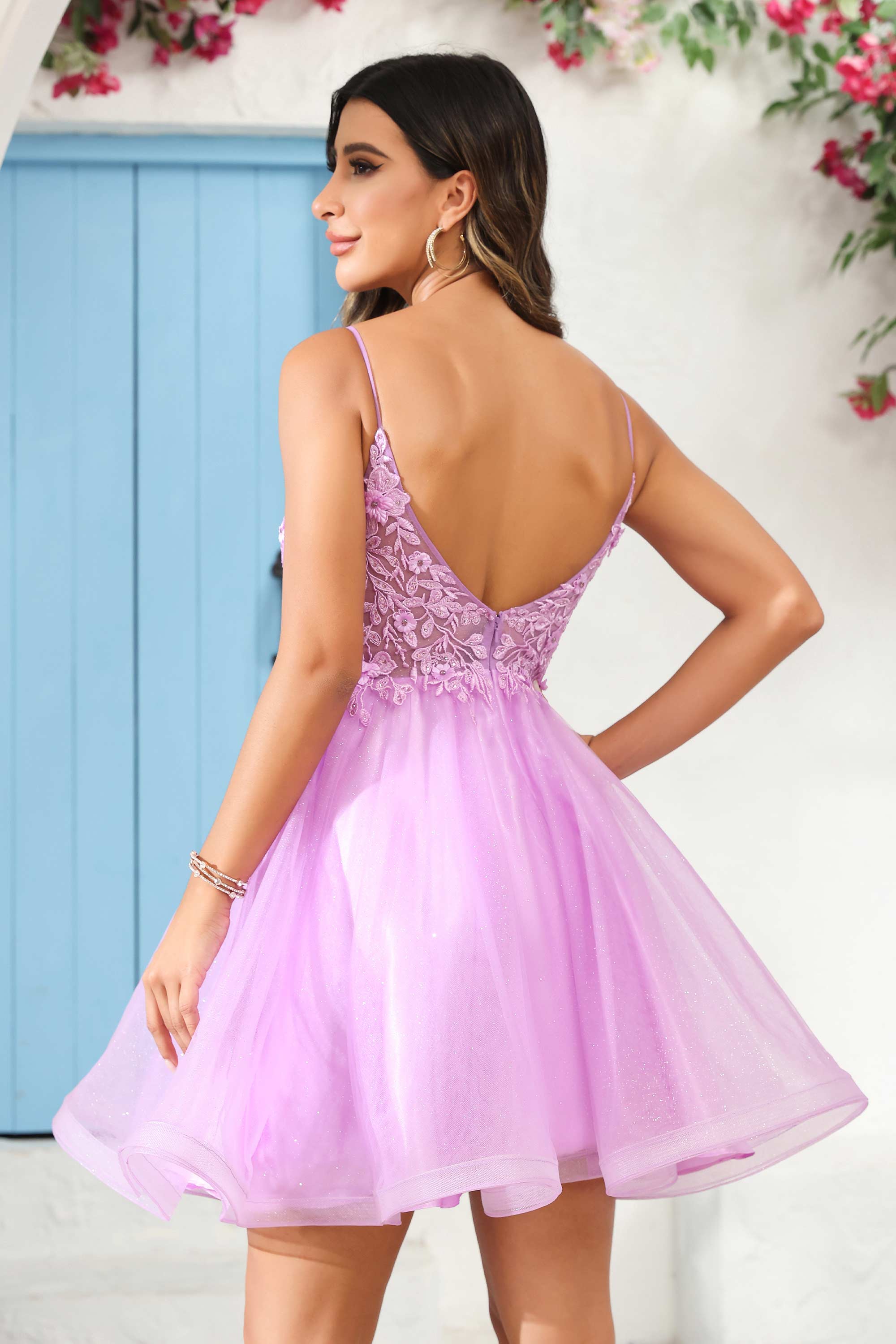 A Line Spaghetti Straps V Neck Applique See-through Mini Homecoming Prom Dress Party Cocktail gown