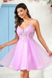 A Line Spaghetti Straps V Neck Applique See-through Mini Homecoming Prom Dress Party Cocktail gown