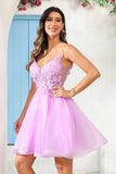 A Line Spaghetti Straps V Neck Applique See-through Mini Homecoming Prom Dress Party Cocktail gown