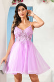 A Line Spaghetti Straps V Neck Applique See-through Mini Homecoming Prom Dress Party Cocktail gown