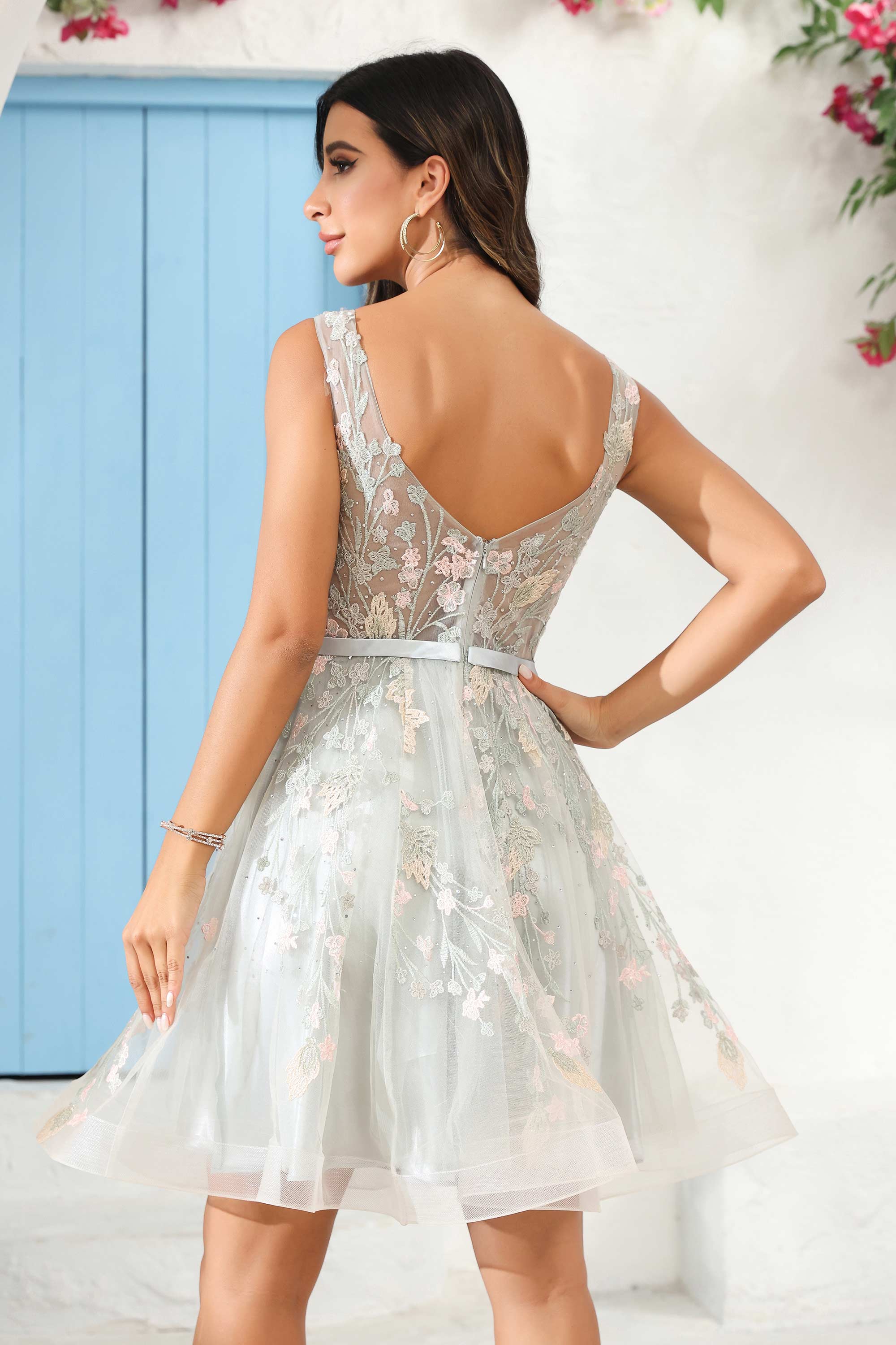 Square Neck See-through Applique Mini Homecoming Prom Dress Party Cocktail Gowns