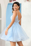 A Line Spaghetti Straps V Neck Applique See-through Mini Homecoming Prom Dress Party Cocktail gown