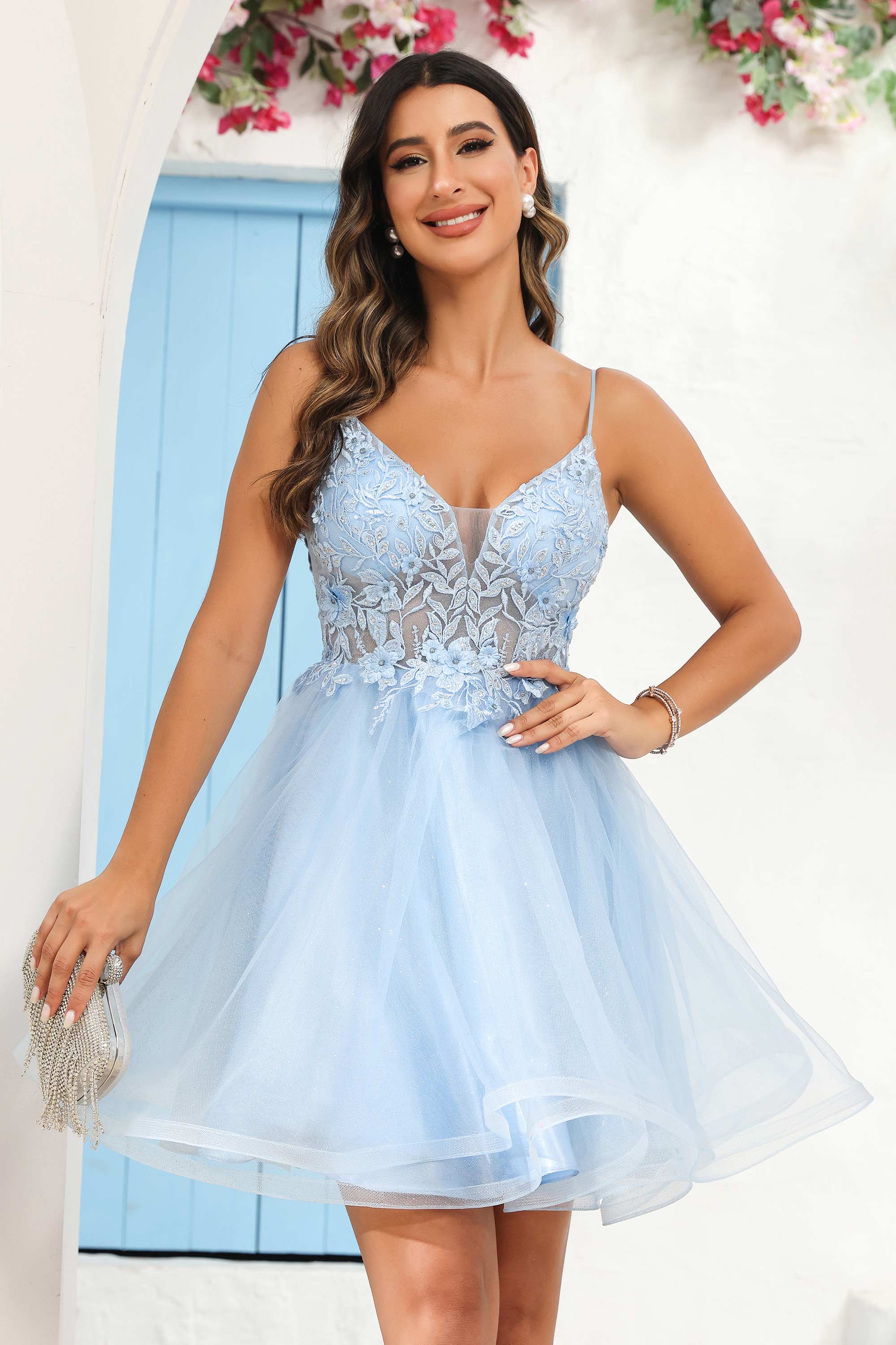 A Line Spaghetti Straps V Neck Applique See-through Mini Homecoming Prom Dress Party Cocktail gown