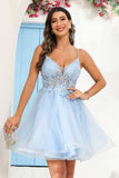 A Line Spaghetti Straps V Neck Applique See-through Mini Homecoming Prom Dress Party Cocktail gown