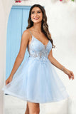 A Line Spaghetti Straps V Neck Applique See-through Mini Homecoming Prom Dress Party Cocktail gown