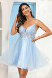 A Line Spaghetti Straps V Neck Applique See-through Mini Homecoming Prom Dress Party Cocktail gown