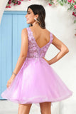 Deep V-neck Beaded Floral Applique Tulle Mini Homecoming Prom Dress Party Cocktail Gowns