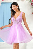 Deep V-neck Beaded Floral Applique Tulle Mini Homecoming Prom Dress Party Cocktail Gowns