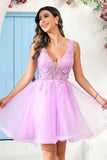 Deep V-neck Beaded Floral Applique Tulle Mini Homecoming Prom Dress Party Cocktail Gowns