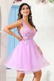 Deep V-neck Beaded Floral Applique Tulle Mini Homecoming Prom Dress Party Cocktail Gowns