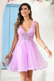 Deep V-neck Beaded Floral Applique Tulle Mini Homecoming Prom Dress Party Cocktail Gowns