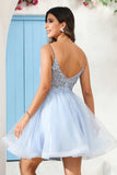 A Line Spaghetti Straps V Neck Applique See-through Mini Homecoming Prom Dress Party Cocktail gown