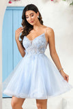 A Line Spaghetti Straps V Neck Applique See-through Mini Homecoming Prom Dress Party Cocktail gown