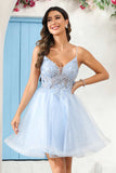 A Line Spaghetti Straps V Neck Applique See-through Mini Homecoming Prom Dress Party Cocktail gown