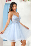 A Line Spaghetti Straps V Neck Applique See-through Mini Homecoming Prom Dress Party Cocktail gown