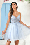 A Line Spaghetti Straps V Neck Applique See-through Mini Homecoming Prom Dress Party Cocktail gown