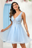 Deep V-neck Beaded Floral Applique Tulle Mini Homecoming Prom Dress Party Cocktail Gowns
