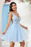 Deep V-neck Beaded Floral Applique Tulle Mini Homecoming Prom Dress Party Cocktail Gowns