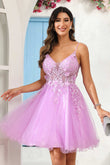 Spaghetti Straps V Neck See-through Applique Mini Homecoming Prom Dress Party Cocktail Gowns