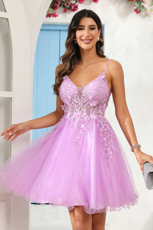 Spaghetti Straps V Neck See-through Applique Mini Homecoming Prom Dress Party Cocktail Gowns