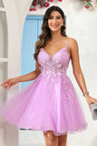 Spaghetti Straps V Neck See-through Applique Mini Homecoming Prom Dress Party Cocktail Gowns