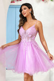 Spaghetti Straps V Neck See-through Applique Mini Homecoming Prom Dress Party Cocktail Gowns