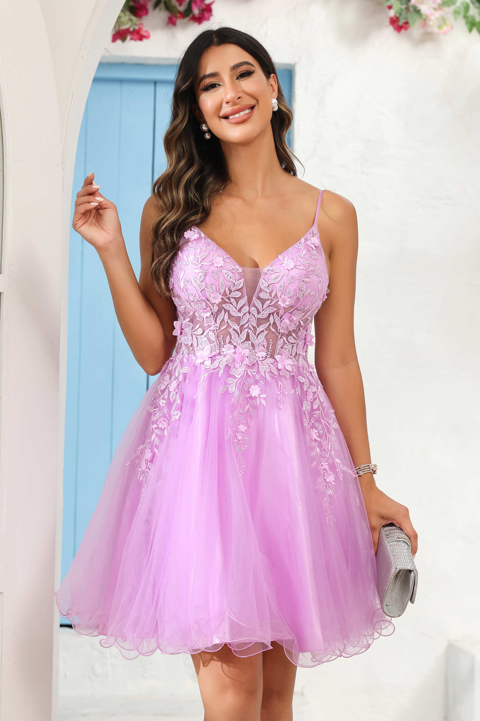 Spaghetti Straps V Neck See-through Applique Mini Homecoming Prom Dress Party Cocktail Gowns