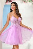Spaghetti Straps V Neck See-through Applique Mini Homecoming Prom Dress Party Cocktail Gowns