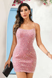 Double Straps Square Neck Sequins Lace Sexy Mini Cocktail Party Dress Prom Homecoming Gowns