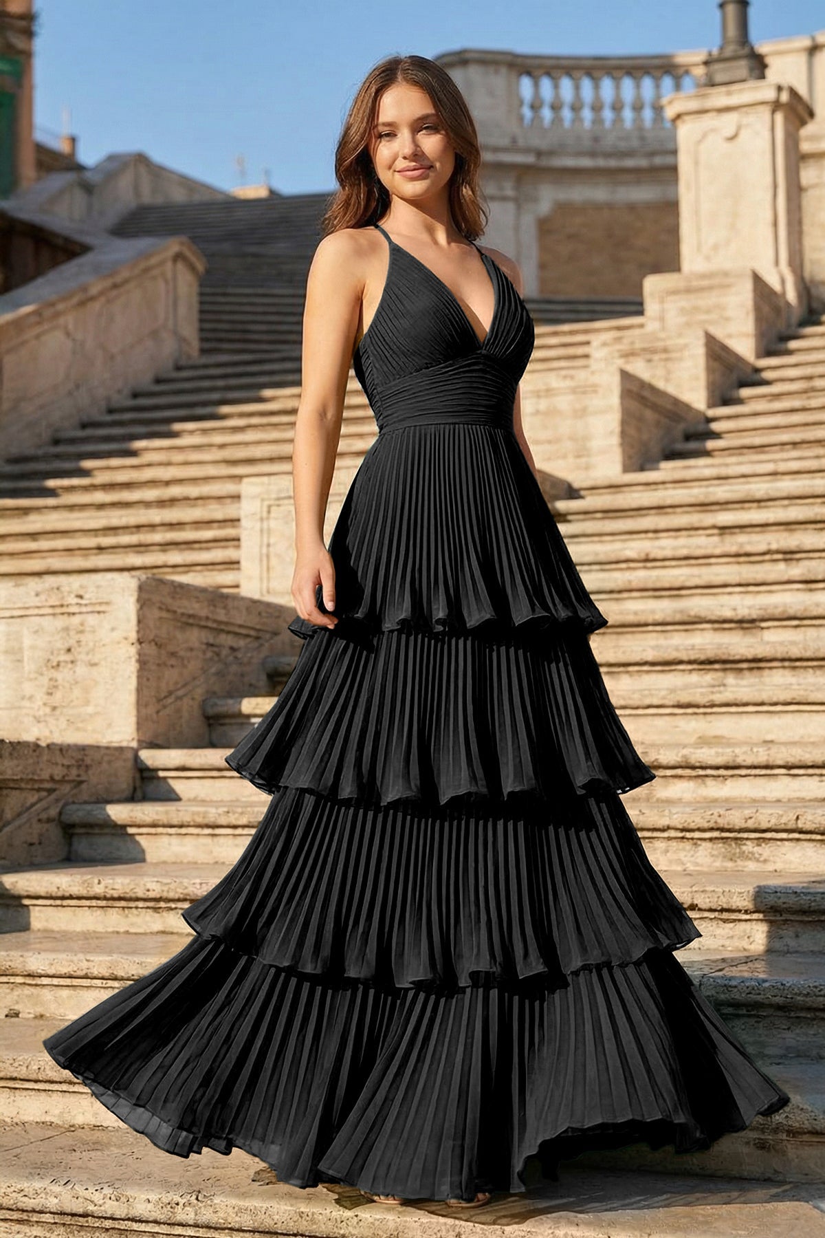 Dark Green A-Line Tiered Floor Length Chiffon Bridesmaid Dress
