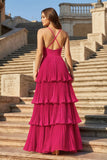 Dark Green A-Line Tiered Floor Length Chiffon Bridesmaid Dress
