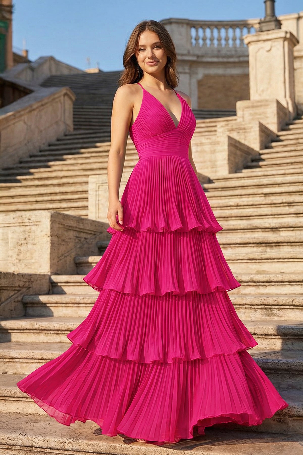 Dark Green A-Line Tiered Floor Length Chiffon Bridesmaid Dress