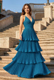 Dark Green A-Line Tiered Floor Length Chiffon Bridesmaid Dress
