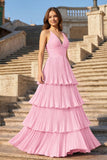 Dark Green A-Line Tiered Floor Length Chiffon Bridesmaid Dress