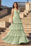 Dark Green A-Line Tiered Floor Length Chiffon Bridesmaid Dress