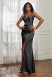 Spaghetti Straps Satin Ruched Formal Evening Dresses with Slit Sheath Prom Party Gowns