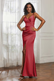 Spaghetti Straps Satin Ruched Formal Evening Dresses with Slit Sheath Prom Party Gowns