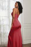 Spaghetti Straps Satin Ruched Formal Evening Dresses with Slit Sheath Prom Party Gowns