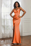 Spaghetti Straps Satin Ruched Formal Evening Dresses with Slit Sheath Prom Party Gowns