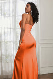 Spaghetti Straps Satin Ruched Formal Evening Dresses with Slit Sheath Prom Party Gowns