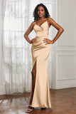 Spaghetti Straps Satin Ruched Formal Evening Dresses with Slit Sheath Prom Party Gowns