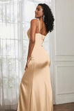 Spaghetti Straps Satin Ruched Formal Evening Dresses with Slit Sheath Prom Party Gowns