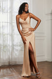 Spaghetti Straps Satin Ruched Formal Evening Dresses with Slit Sheath Prom Party Gowns