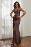 Spaghetti Straps Satin Ruched Formal Evening Dresses with Slit Sheath Prom Party Gowns