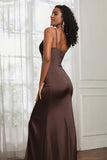 Spaghetti Straps Satin Ruched Formal Evening Dresses with Slit Sheath Prom Party Gowns
