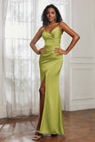 Spaghetti Straps Satin Ruched Formal Evening Dresses with Slit Sheath Prom Party Gowns