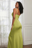 Spaghetti Straps Satin Ruched Formal Evening Dresses with Slit Sheath Prom Party Gowns