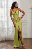 Spaghetti Straps Satin Ruched Formal Evening Dresses with Slit Sheath Prom Party Gowns